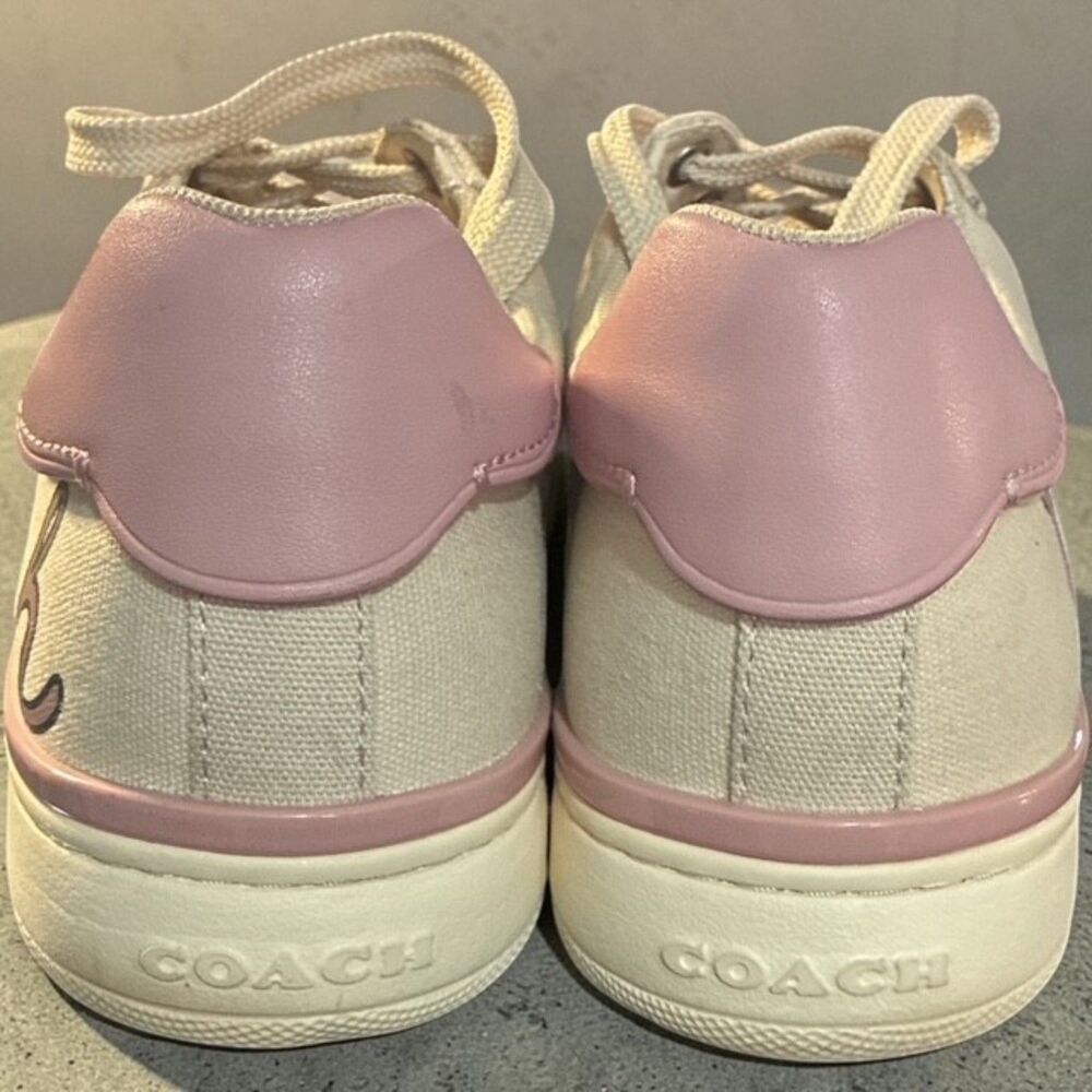 Coach Clip Low Top Sneakers Cream Pink Script Logo Canvas Leather Size 8.5B - Picture 4 of 4